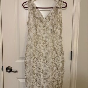 Adrianna Papell Ivory Dress with Gold Floral Embroidery